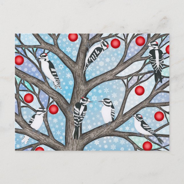 downy woodpeckers in the stained glass tree Xmas Holiday Postcard (Front)