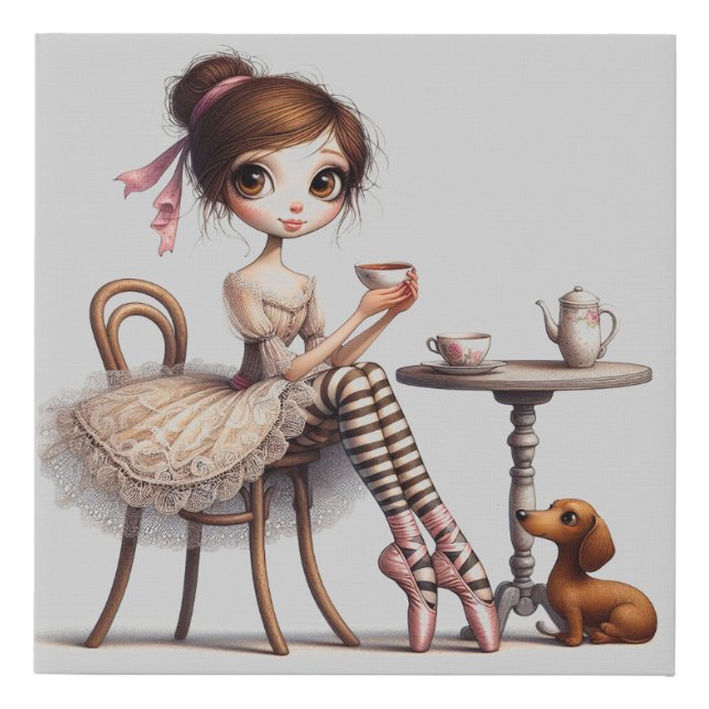 Doxie and Friend Tea Time Faux Canvas Print (Front)