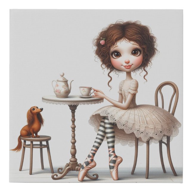 Doxie and Friend Tea Time Faux Canvas Print (Front)