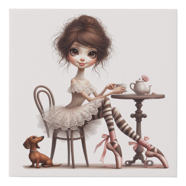 Doxie and Friend Tea Time Faux Canvas Print (Front)