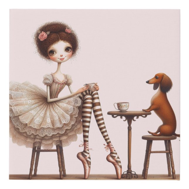 Doxie and Friend Tea Time Faux Canvas Print (Front)
