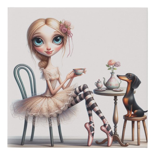 Doxie and Friend Tea Time Faux Canvas Print (Front)