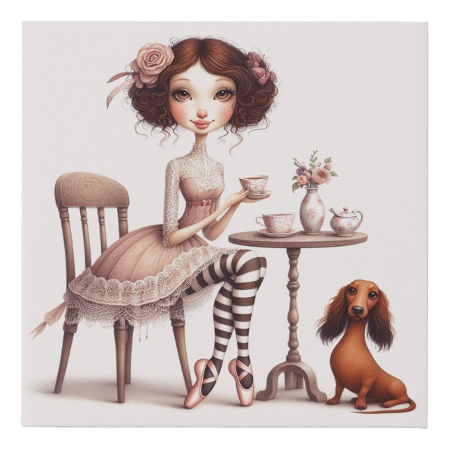 Doxie and Friend Tea Time Faux Canvas Print (Front)