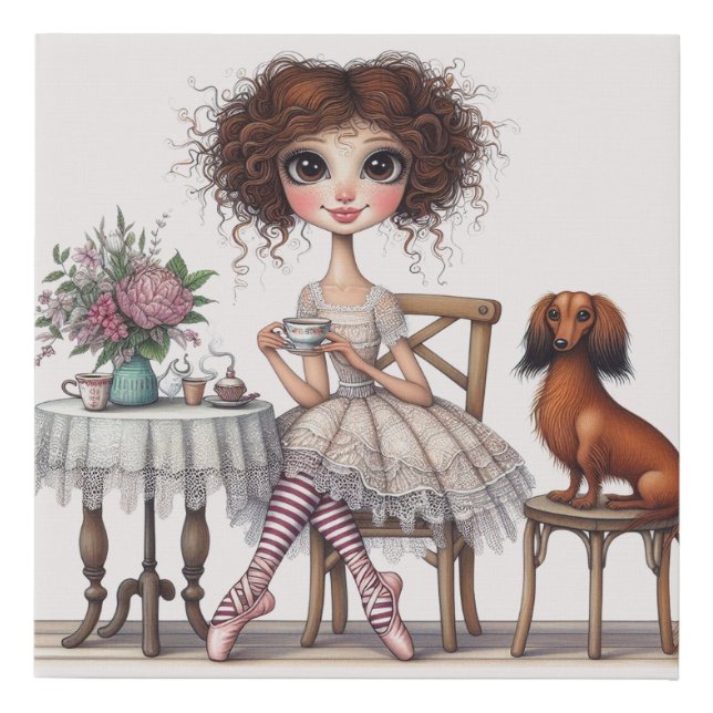 Doxie and Friend Tea Time Faux Canvas Print (Front)