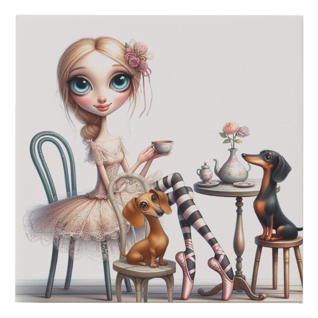 Doxie and Friend Tea Time Faux Canvas Print (Front)