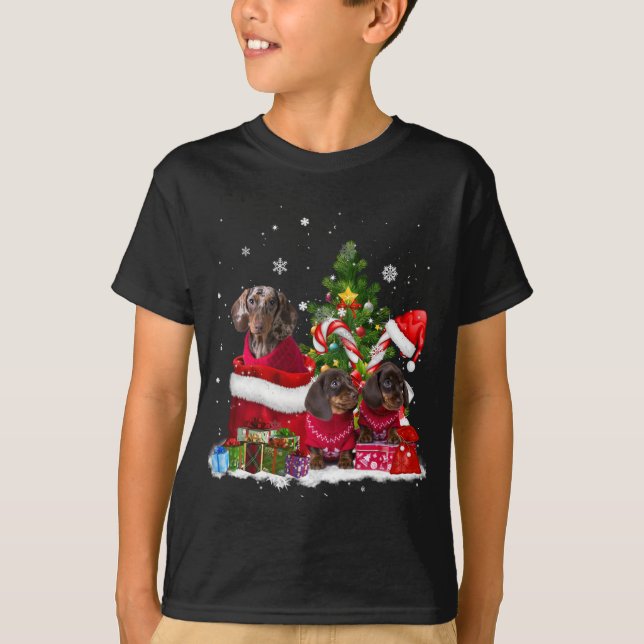 Doxie Dog Christmas Tree Lights Pajamas Xmas Match T-Shirt (Front)