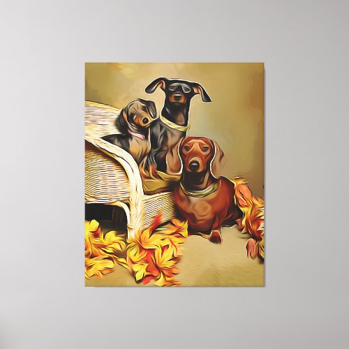 Doxie Dog Three Dachshunds On A Wicker Chair Xmas  Canvas Print