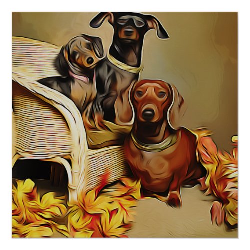 Doxie Dog Three Dachshunds On A Wicker Chair Xmas  Poster