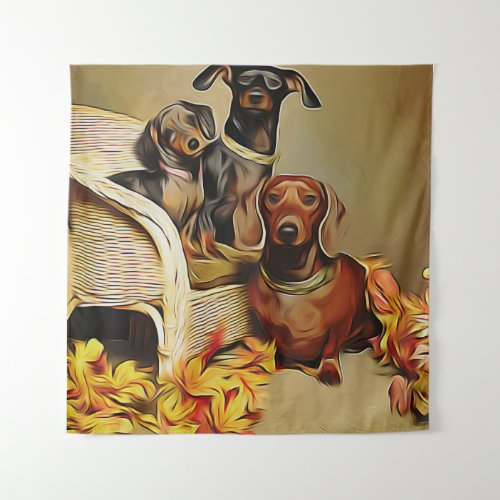 Doxie Dog Three Dachshunds On A Wicker Chair Xmas  Tapestry