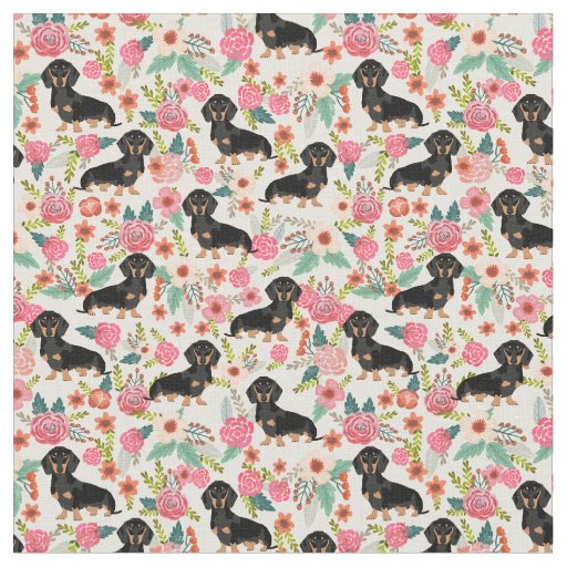 Doxie Floral Fabric - black and tan doxie - cream