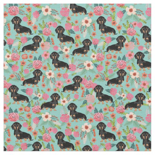 Doxie Floral Fabric - black and tan doxie - mint