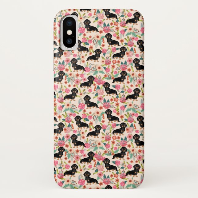 Doxie Floral phone case - black and tan doxie (Back)