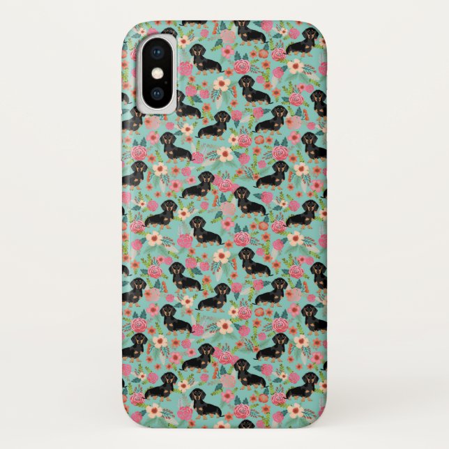 Doxie Floral phone case - black and tan doxie (Back)