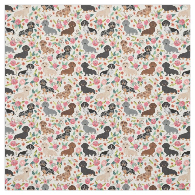 Doxie Florals Fabric - cute dachshund fabric print (Swatch)