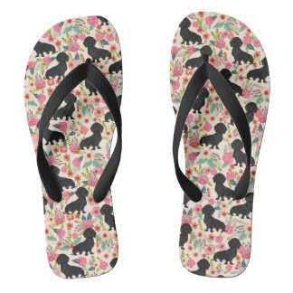 Doxie Florals Flip Flops - black doxie - cream