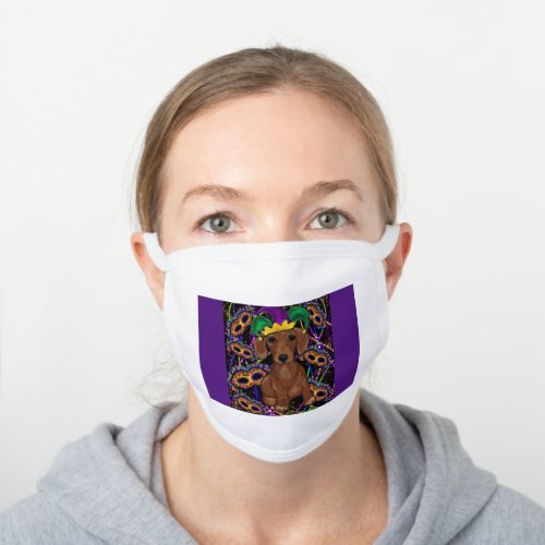 Doxie Mardi gras White Cotton Face Mask