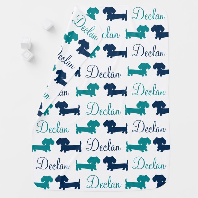 Doxie Personalized Baby Blanket Blue & Navy Tones  (In Situ)