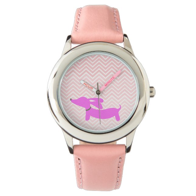 Doxie Time: Pink Flying Ears Dachshund + Chevron Watch (Front)