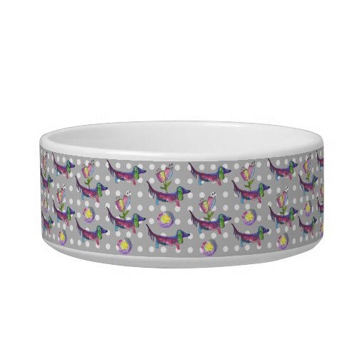 doxies with flowers dog bowl
