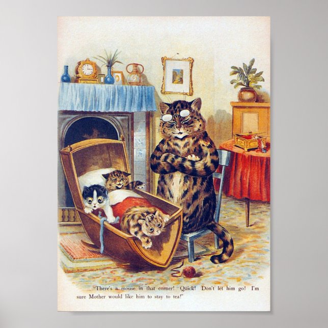 Dozing Cat and Baby Cat, Louis Wain Poster (Front)