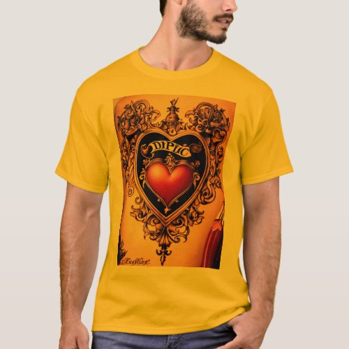DPGIC Heartbeat Heart Shaped Tattoo with Scroll  T_Shirt