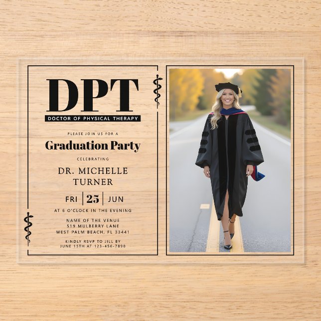 DPT Doctor of Physical Therapy Graduation Photo Acrylic Invitations (Front)