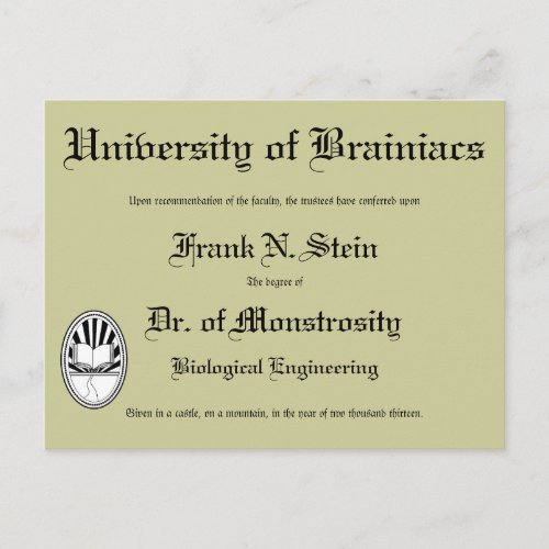 Dr Frankensteins diploma postcard