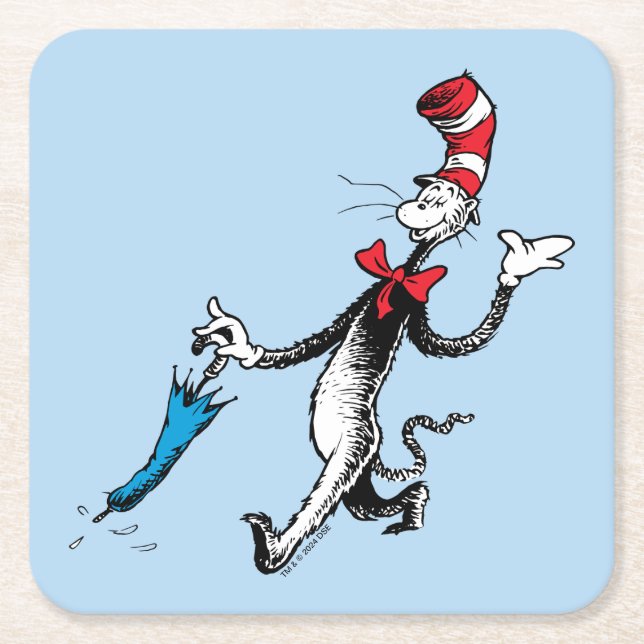 Dr. Seuss | Cat in the Hat Umbrella Walk Square Paper Coaster (Front)