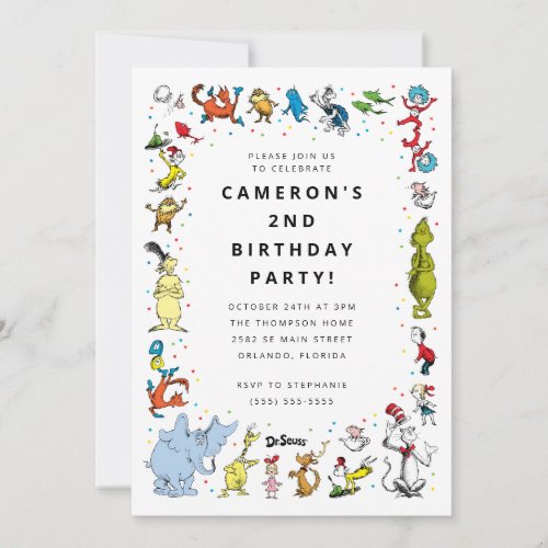 Dr Seuss Character Confetti  Kids Birthday Invitation