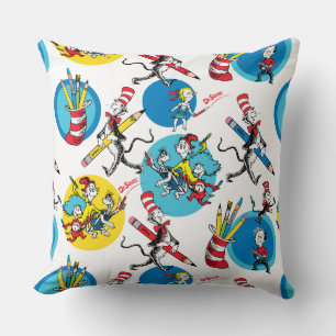 Dr. Seuss Characters With Pencils Pattern Throw Pillow
