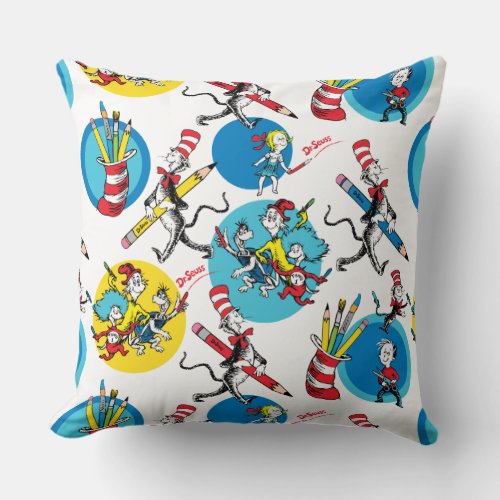 Dr Seuss  Characters With Pencils Pattern Throw Pillow