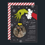 Dr. Seuss | Grinch Chalkboard Baby Shower Invitation<br><div class="desc">Celebrate the upcoming arrival of your little one with our delightful Grinch-themed baby shower invitations! These charming invitations feature a whimsical chalkboard background adorned with delicate snowflakes, perfectly capturing the festive spirit. The mischievous Grinch hand, holding an ornament, adds a playful touch, making these invitations truly unique. Customize the ornament...</div>