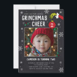 Dr. Seuss | Grinch Chalkboard Photo Birthday Invitation<br><div class="desc">Add a touch of whimsical mischief to your birthday celebration with our customizable Grinch Birthday Card! Featuring a charming chalkboard background, this card is perfect for those who love a blend of classic and playful design. The iconic Grinch hand, holding an ornament, adds a fun and festive element that can...</div>