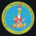 Dr. Seuss | Grinch | Christmas Roast Beast Classic Round Sticker<br><div class="desc">Grinch smiling is a very rare thing. It either means he's up to no good, or in this classic design, it means he's embraced the Christmas spirit at last. Featuring a Santa Claus dressed villain turned friend. This is a festive feast for all, as he carves the roast beast. A...</div>