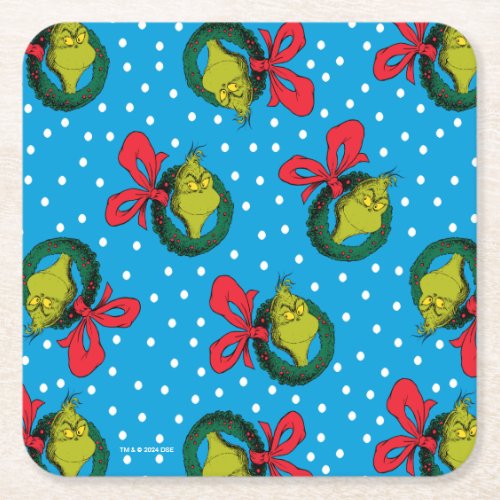 Dr Seuss  Grinch  Christmas Wreath Pattern Square Paper Coaster