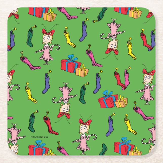 Dr. Seuss | Grinch | Cindy-Lou Who Pattern Square Paper Coaster (Front)