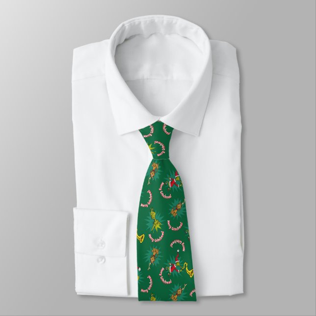 Dr. Seuss | Grinch | Merry Grinchmas Pattern Neck Tie (Tied)