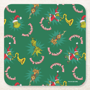 Dr. Seuss Grinch Merry Grinchmas Pattern Square Paper Coaster