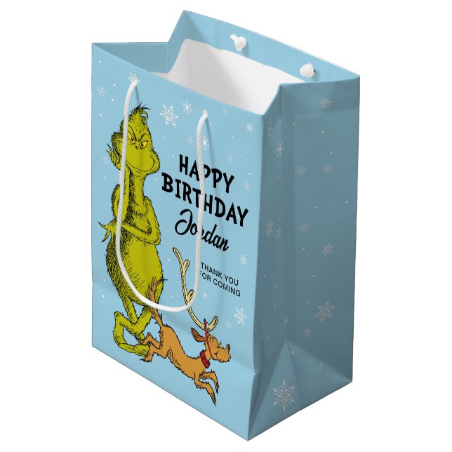 Dr. Seuss | Grinch Winter Birthday Favor Medium Gift Bag (Front Angled)