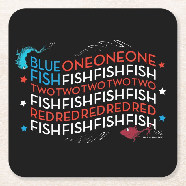 Dr. Seuss | Red Fish Blue Fish US Flag Graphic Square Paper Coaster (Front)