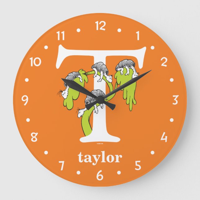 Dr. Seuss's ABC: Letter T - White | Add Your Name Large Clock (Front)