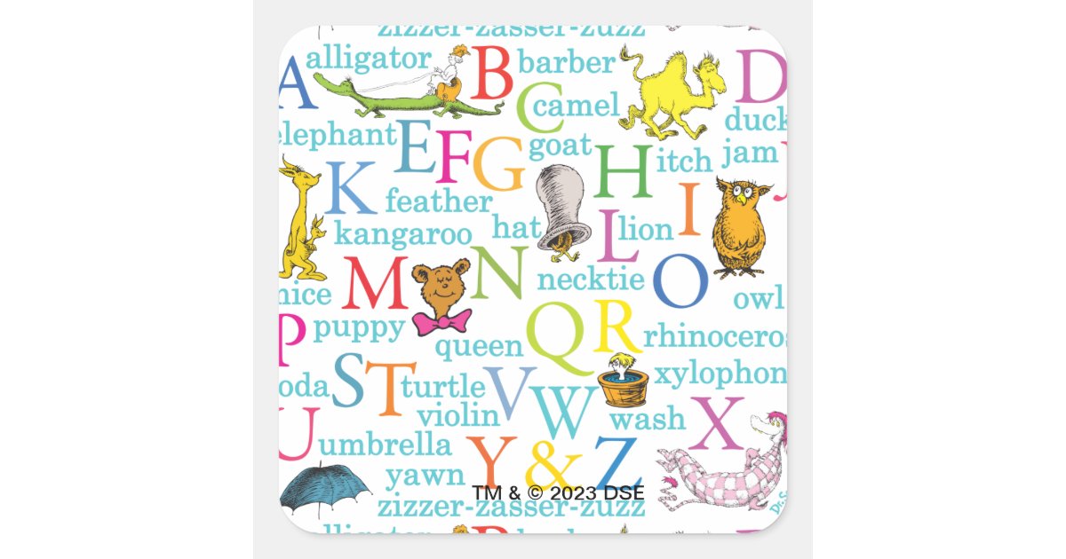 Dr. Seuss's ABC Pattern with Words Square Sticker | Zazzle