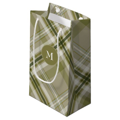 Drab olive and beige plaid mens gifting small gift bag