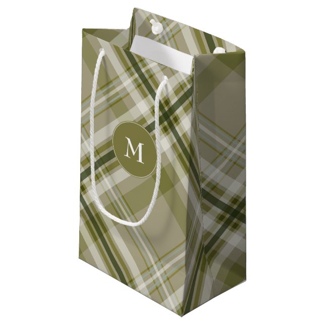 Drab olive and beige plaid men's gifting small gift bag (Front Angled)