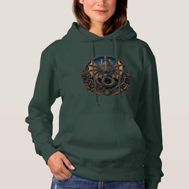 Dracanis Stronghold: A Majestic Dragon Embracing Hoodie (Front)