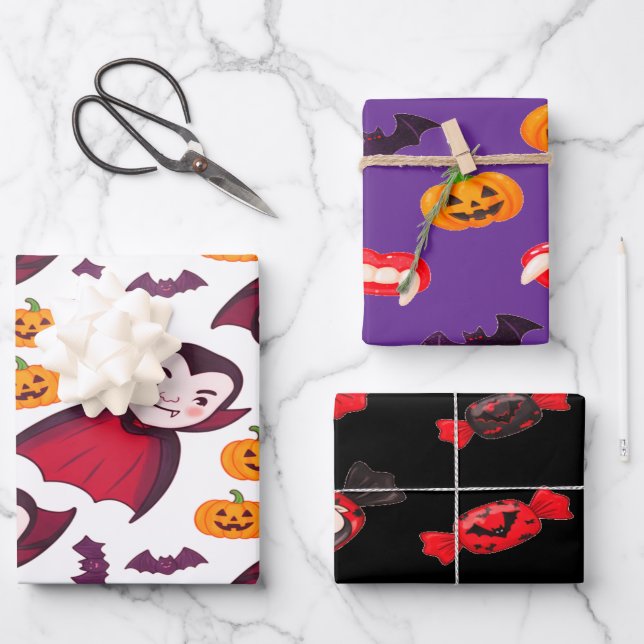 Dracula and Bats Spooky Fun Halloween  Wrapping Paper Sheets (Front)