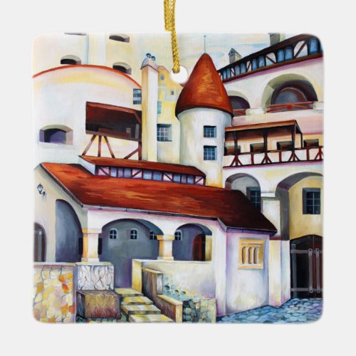 Dracula Castle Interior Courtyard Watercolor Ceramic Ornament