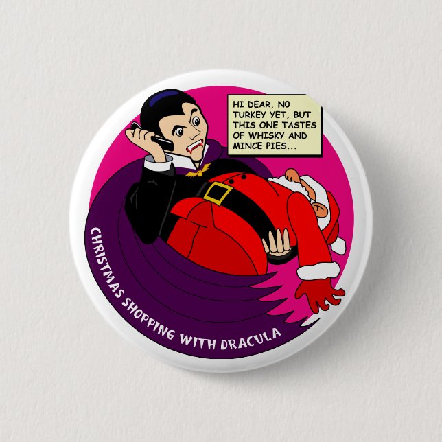 Dracula Christmas Shopping Pinback Button (Front)