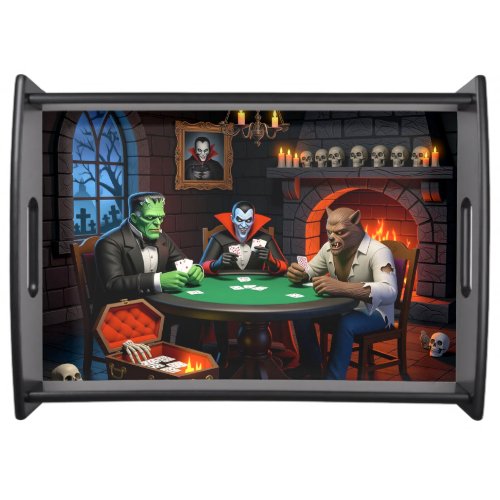 DRACULA & FRANENSTEIN'S HALLOWEEN MONSTER POKER SERVING TRAY
