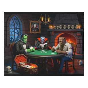 DRACULA & FRANKENSTEIN'S HALLOWEEN MONSTER POKER FAUX CANVAS PRINT